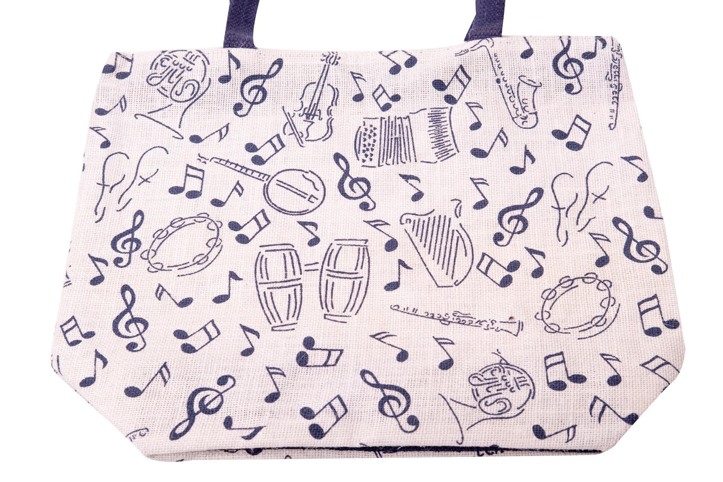 Jute-Henkeltasche mit blauen Instrumenten und Noten