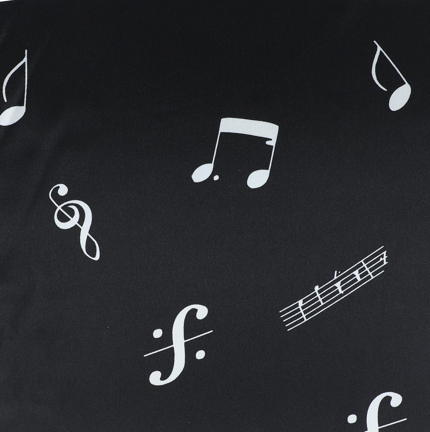 Black fabric by the meter with notes, clefs and staves, polyester satin