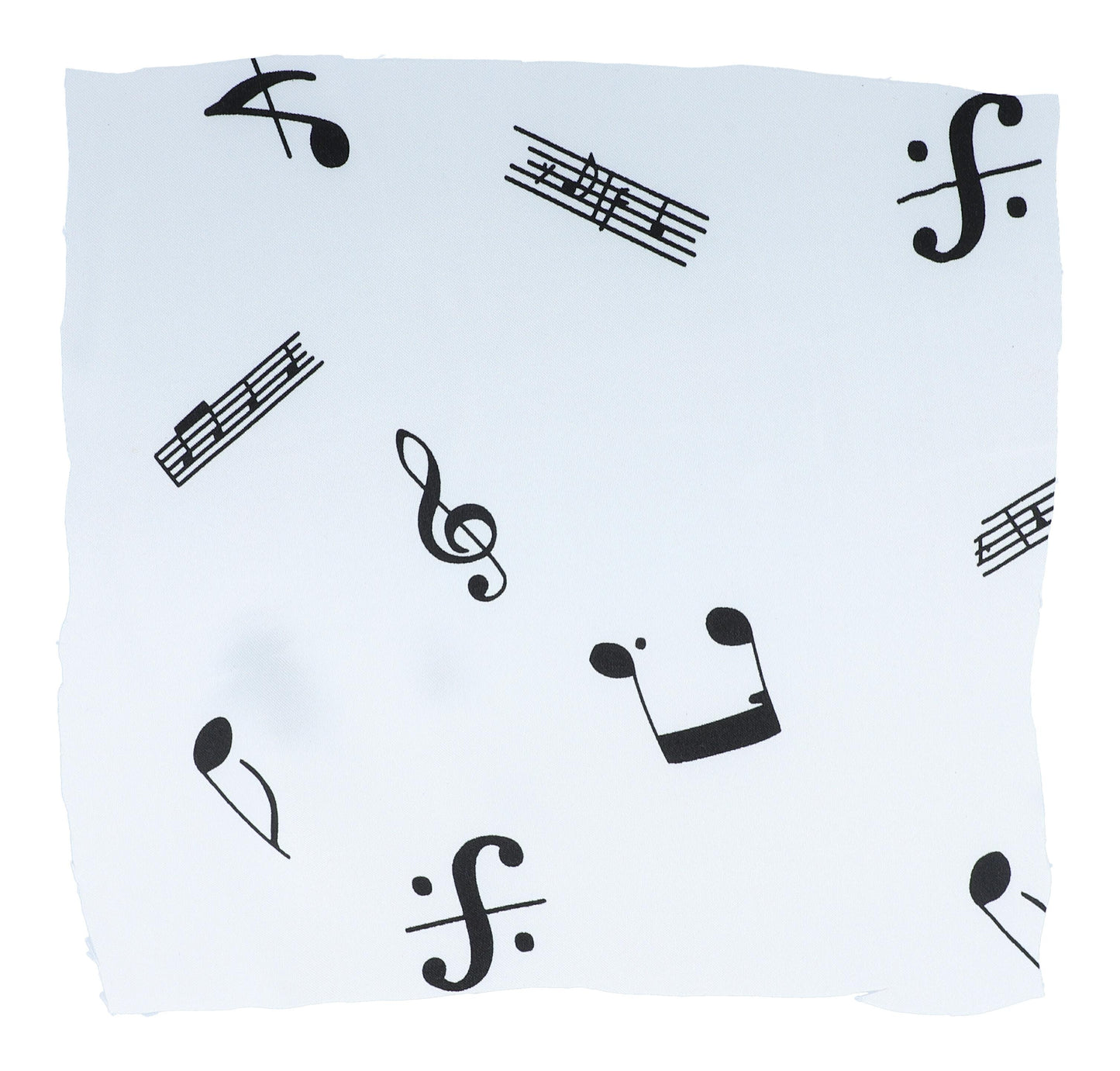 Sold by the meter white with notes, clefs and staves, polyester satin