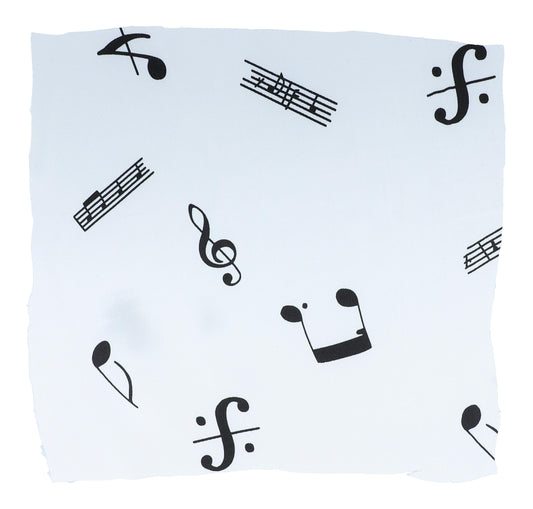 Sold by the meter white with notes, clefs and staves, polyester satin
