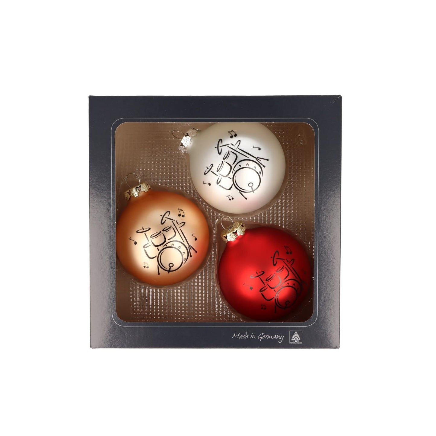 3er-Set Weihnachtskugeln mit Schlagzeug-Druck, verschiedene Farben