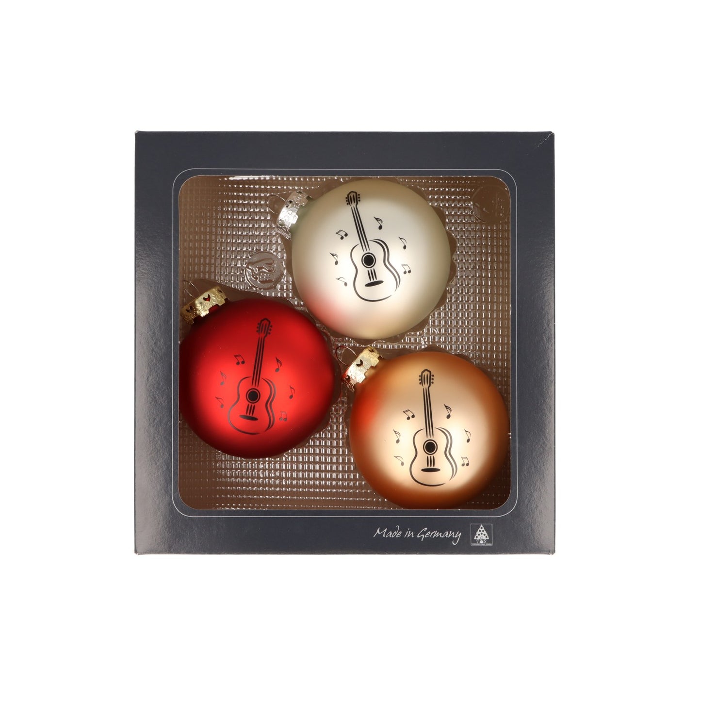 3er-Set Weihnachtskugeln mit Konzertgitarre-Druck, verschiedene Farben