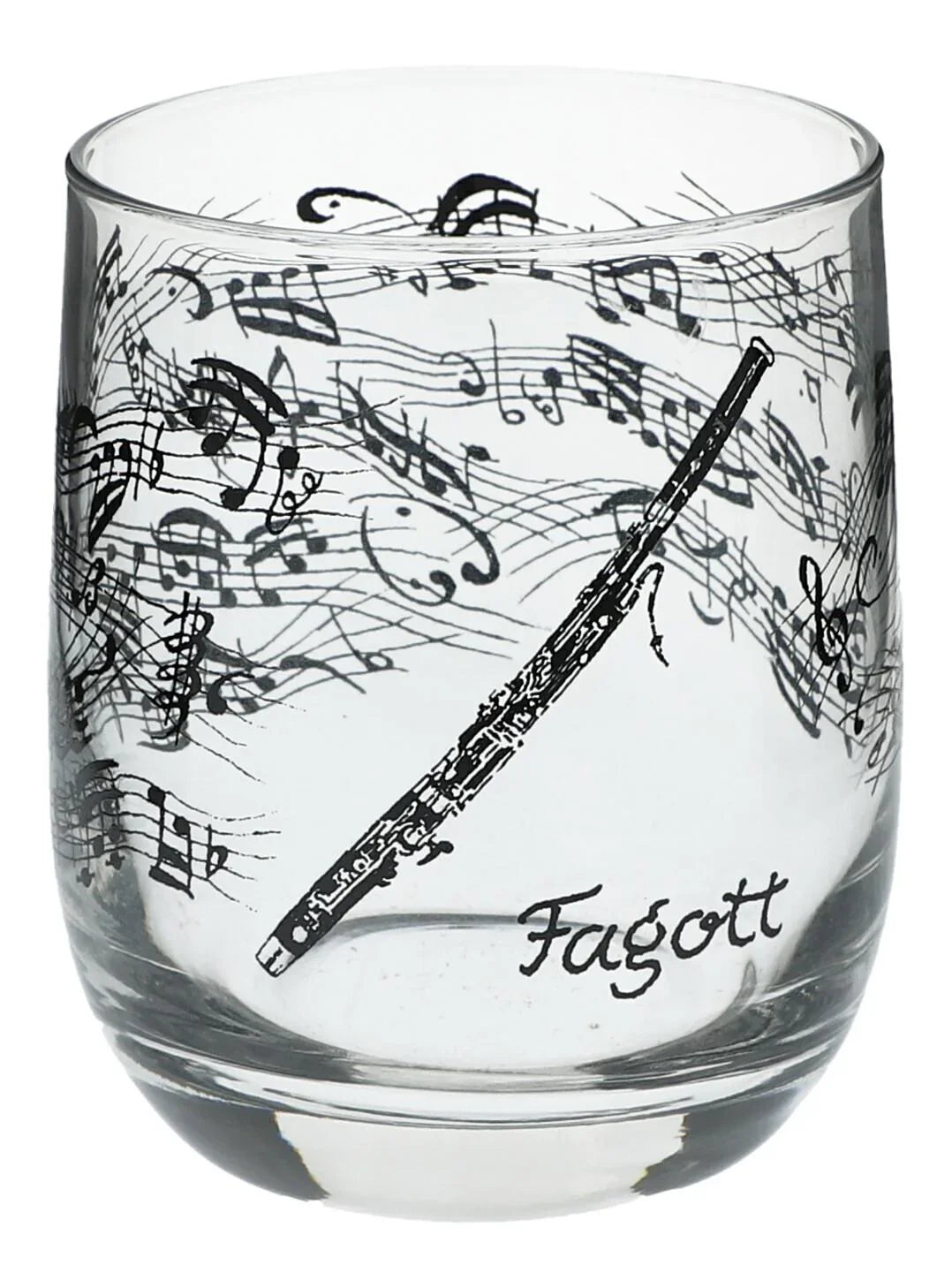 Glas mit Instrumenten und musikalischen Motiven, schwarzer Druck - Instrumente / Design: Fagott