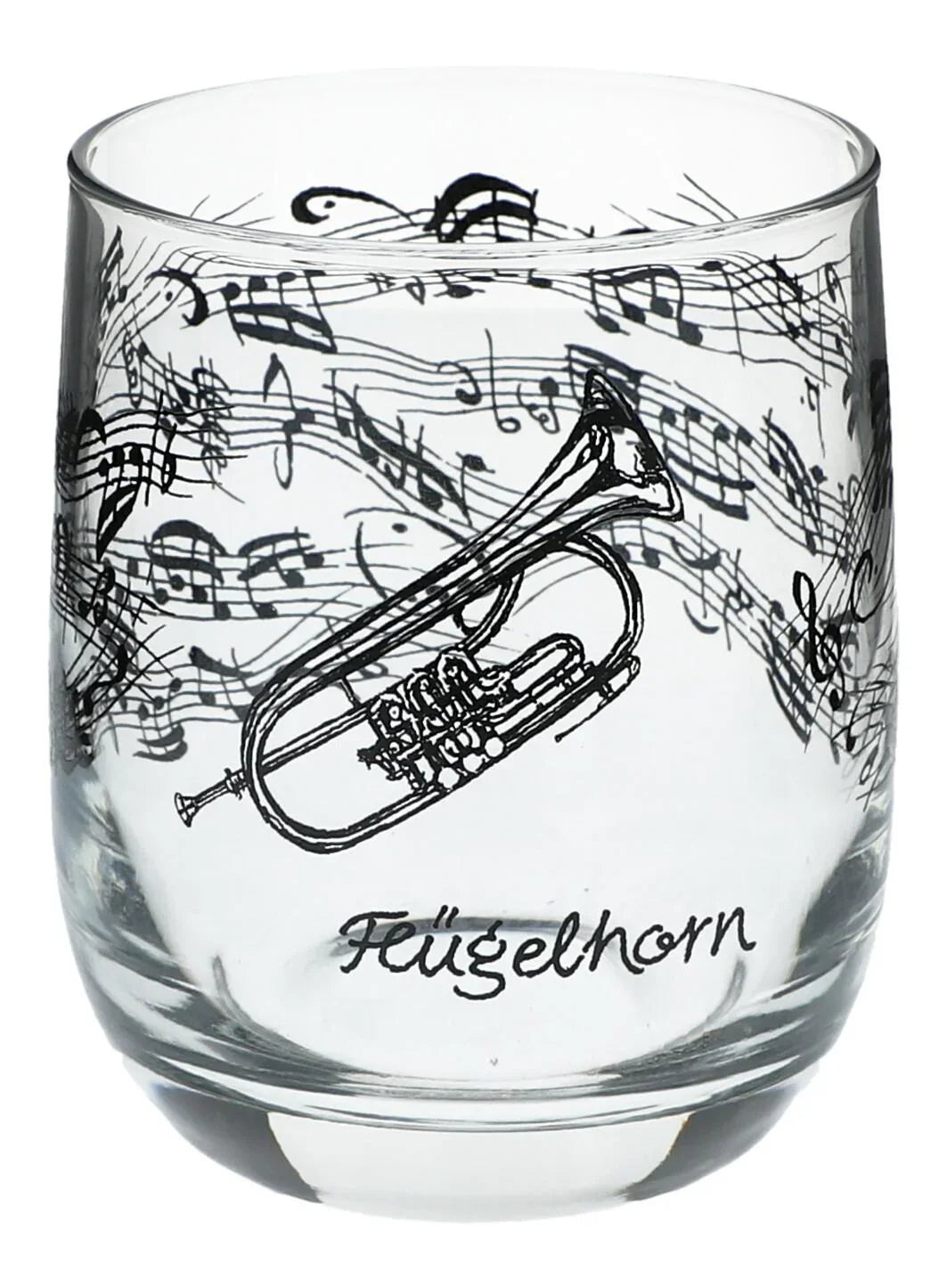 Glas mit Instrumenten und musikalischen Motiven, schwarzer Druck - Instrumente / Design: Flügelhorn