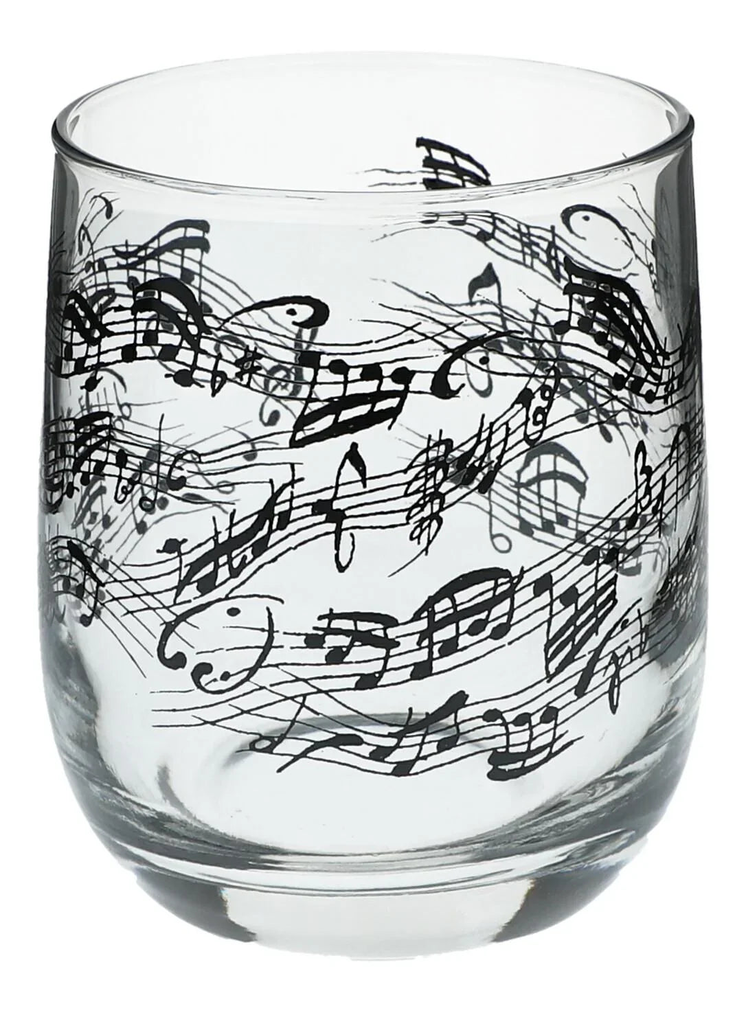 Glas mit Instrumenten und musikalischen Motiven, schwarzer Druck - Instrumente / Design: Notenlinie