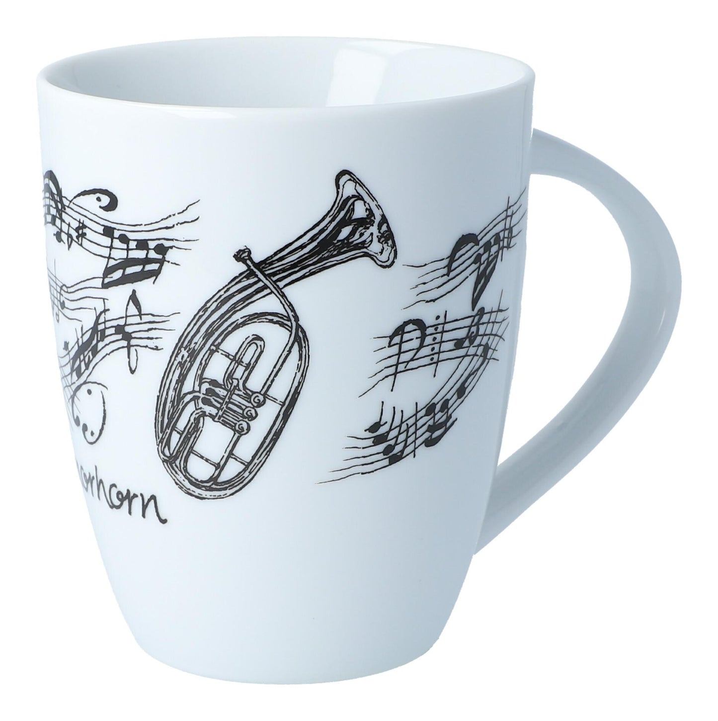 Henkelbecher bedruckt mit diversen Instrumenten und musikalischen Motiven - Instrumente / Design: Tenorhorn