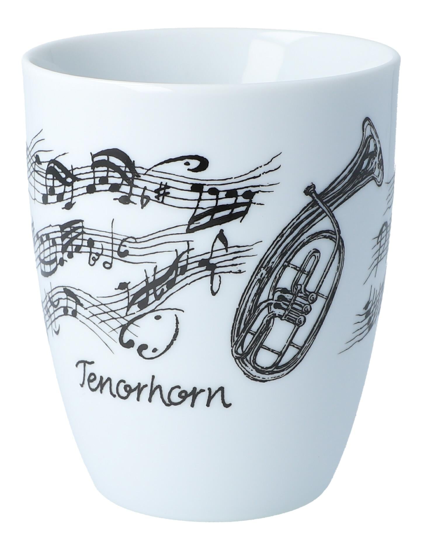 Henkelbecher bedruckt mit diversen Instrumenten und musikalischen Motiven - Instrumente / Design: Tenorhorn