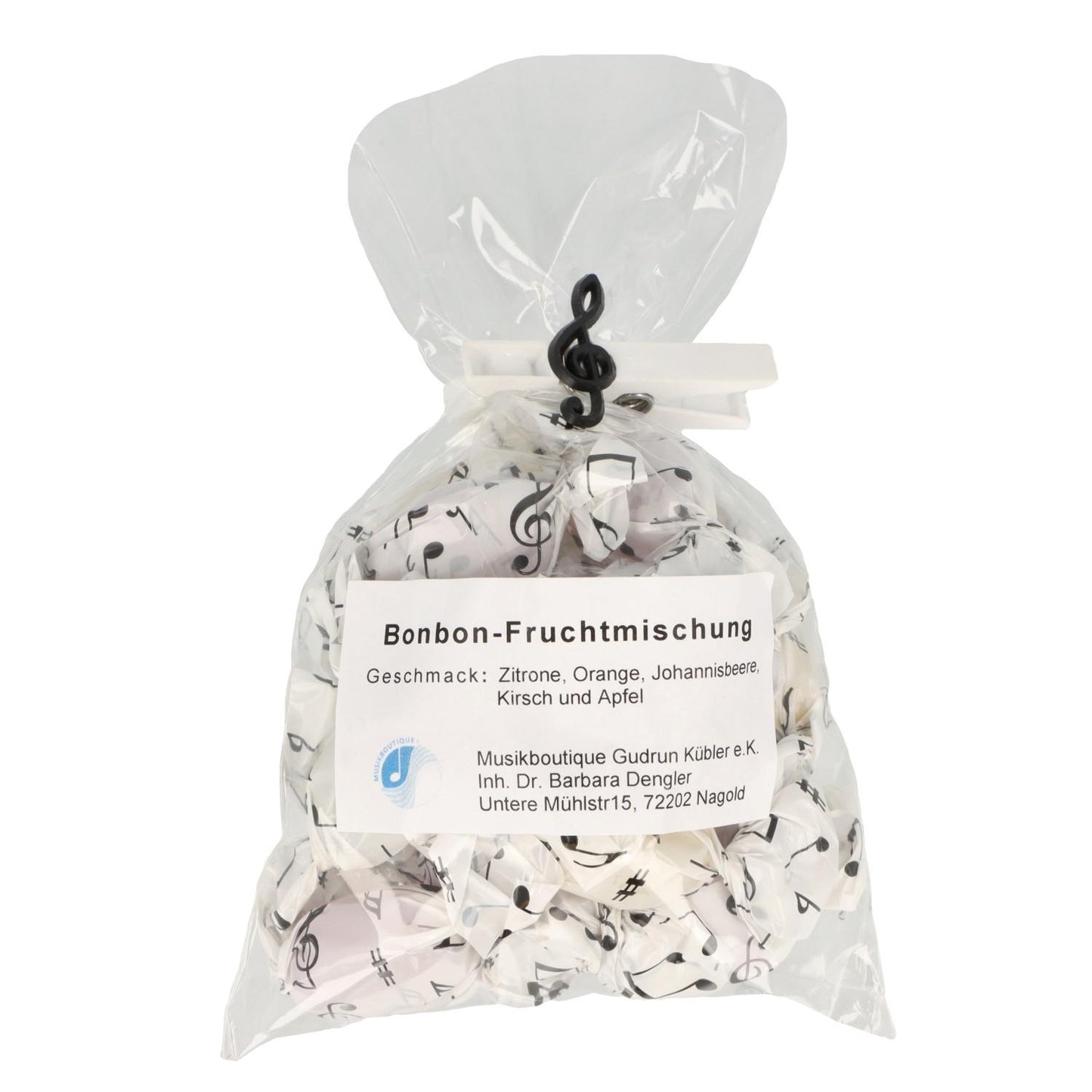 Bonbon-Fruchtmischung mit Noten-Wickelpapier, 100g-Packung mit Violinschlüssel-Klammer