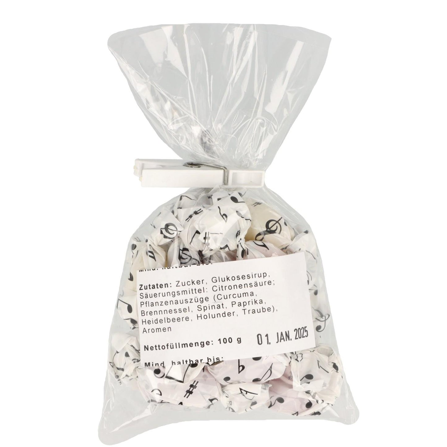 Bonbon-Fruchtmischung mit Noten-Wickelpapier, 100g-Packung mit Violinschlüssel-Klammer