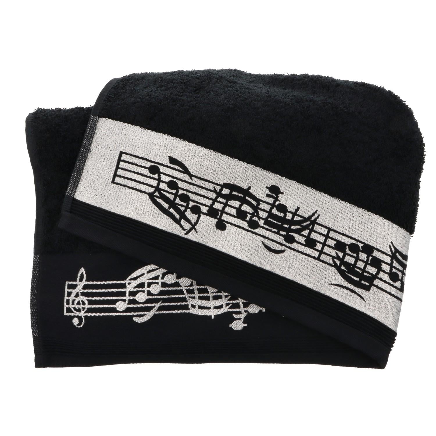 schwarzes Duschtuch mit Notenbordüre und eingewebtem Violinschlüssel, Noten, Notenzeile