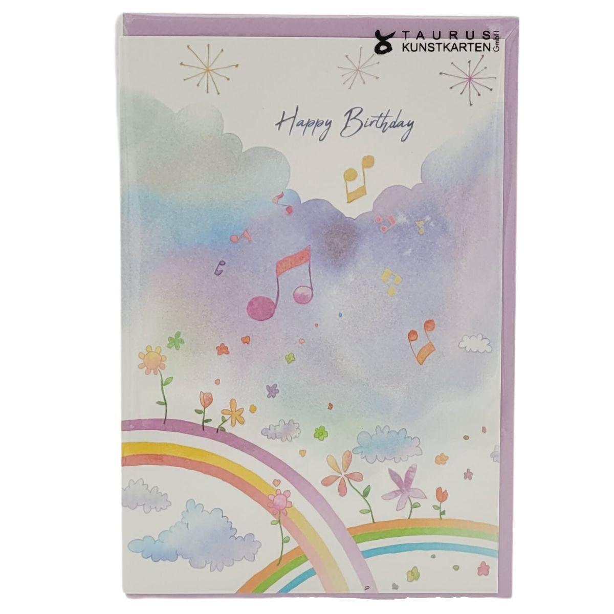 Doppelkarte Happy Birthday (Musik, Regenbogen und Blumen)