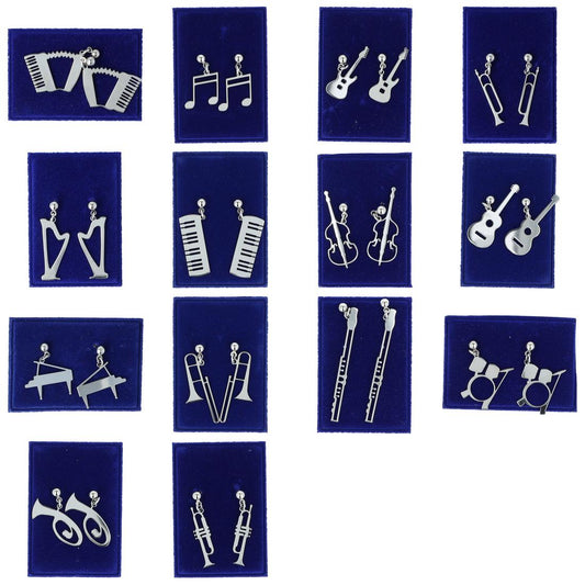 Pair of stainless steel earrings with various instruments or music clefs