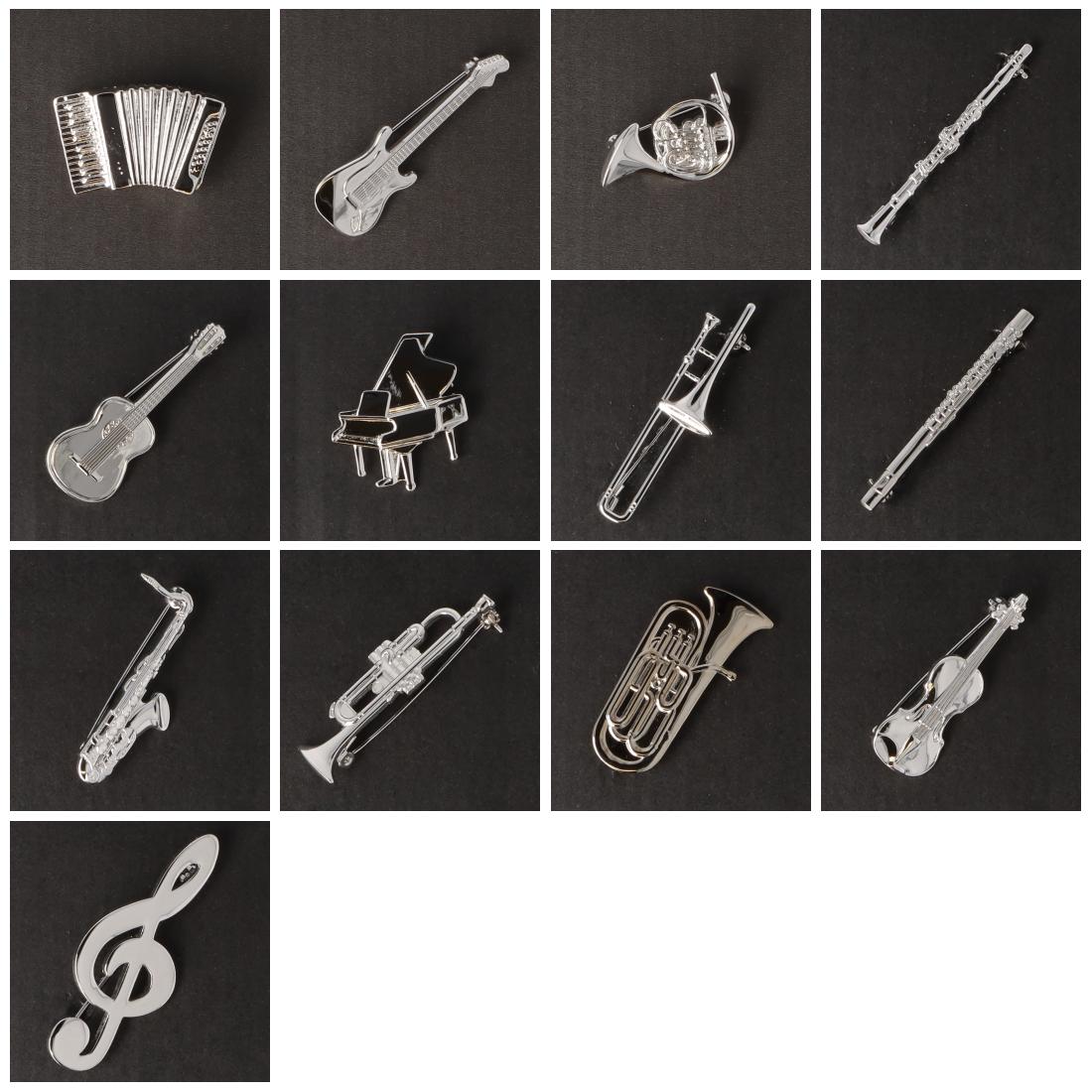 Instrumenten-Brosche, verschiedene Ausführungen, versilbert
