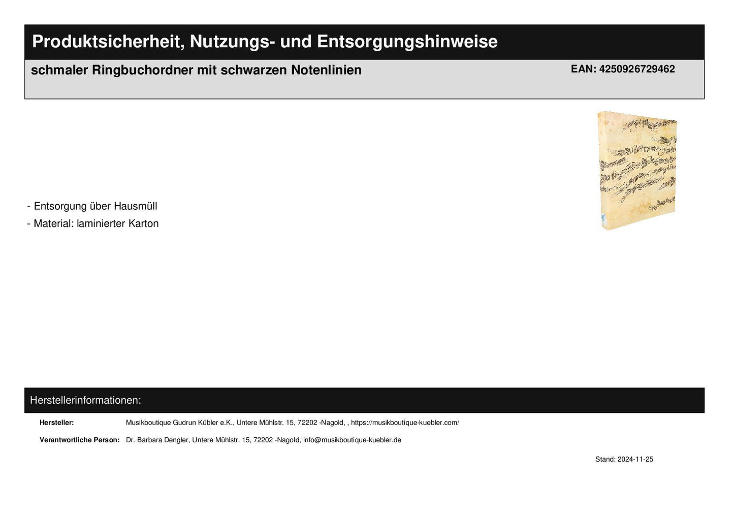 schmaler Ringbuchordner mit schwarzen Notenlinien