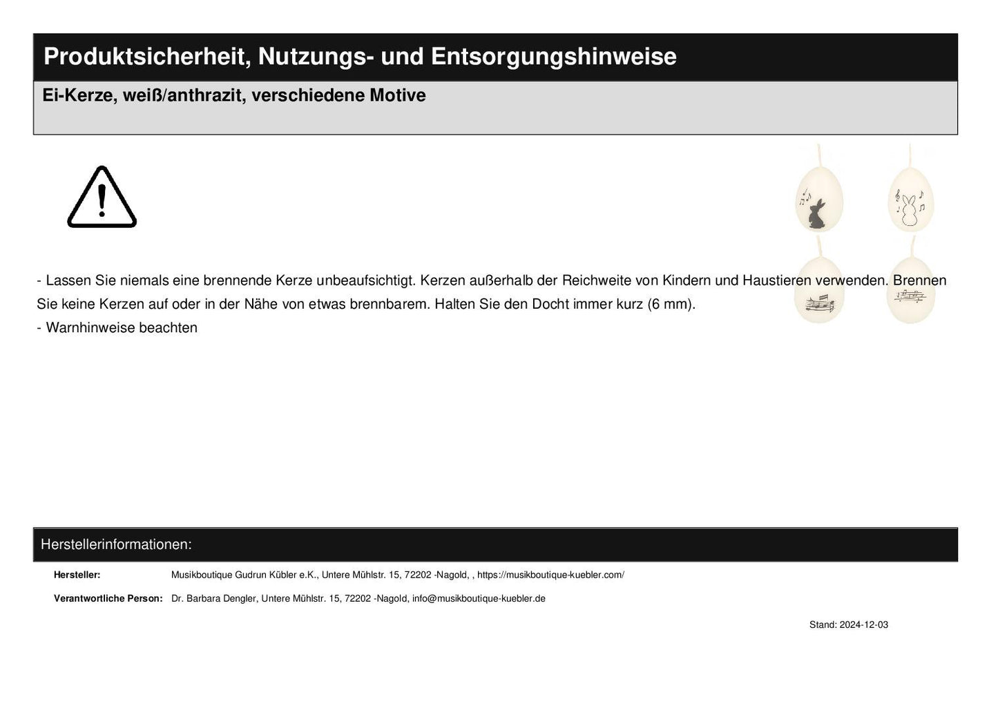 Ei-Kerze, weiß/anthrazit, verschiedene Motive