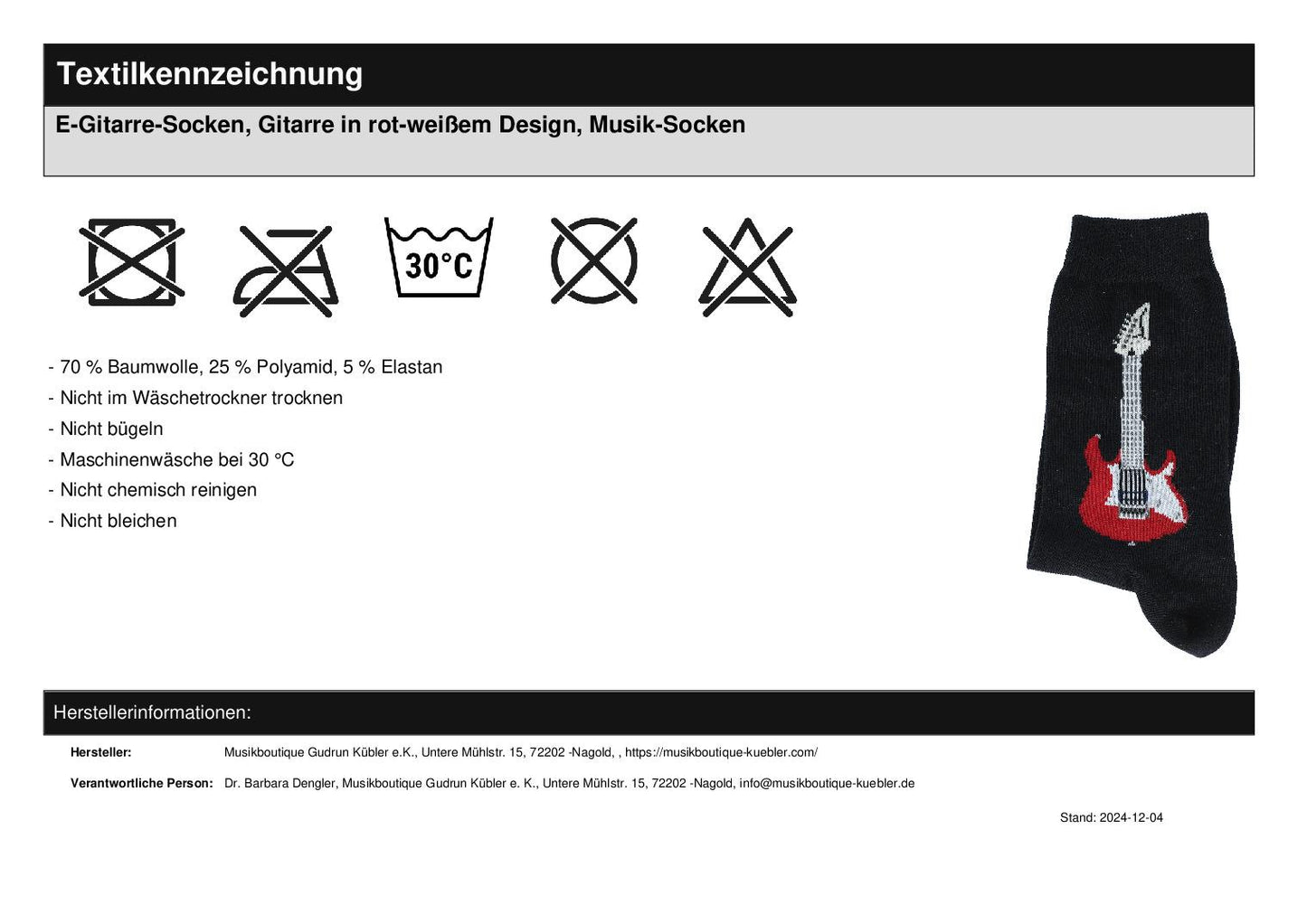 E-Gitarre-Socken, Gitarre in rot-weißem Design, Musik-Socken