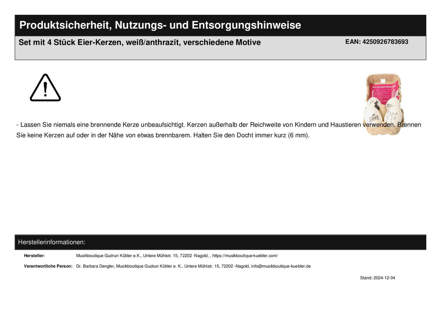 Set mit 4 Stück Eier-Kerzen, weiß/anthrazit, verschiedene Motive
