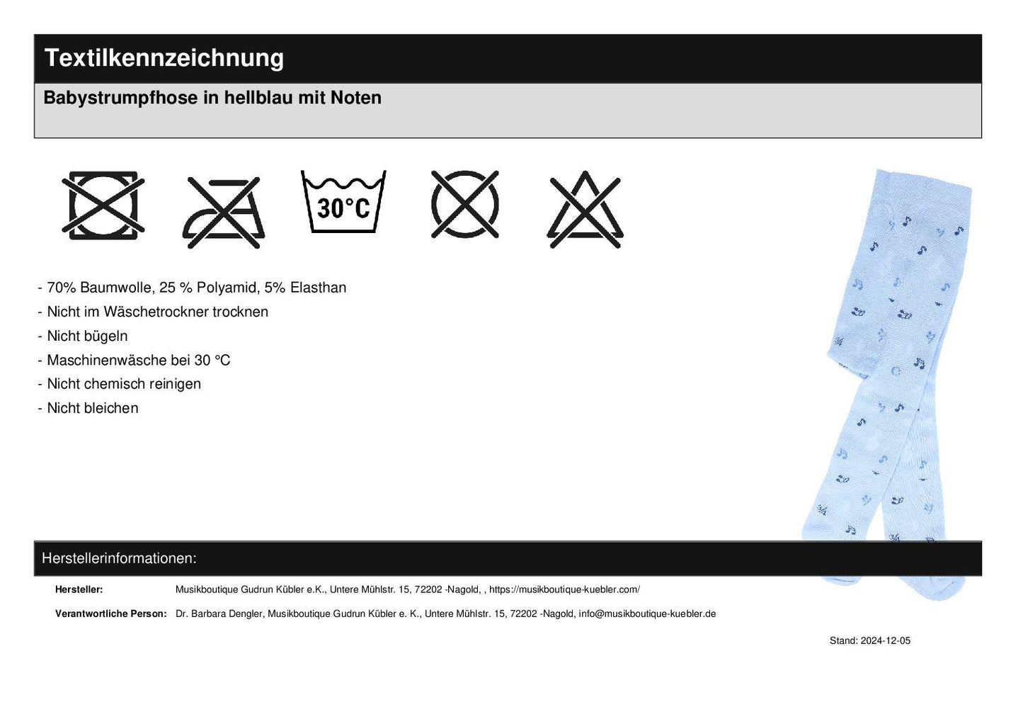 Babystrumpfhose in hellblau mit Noten