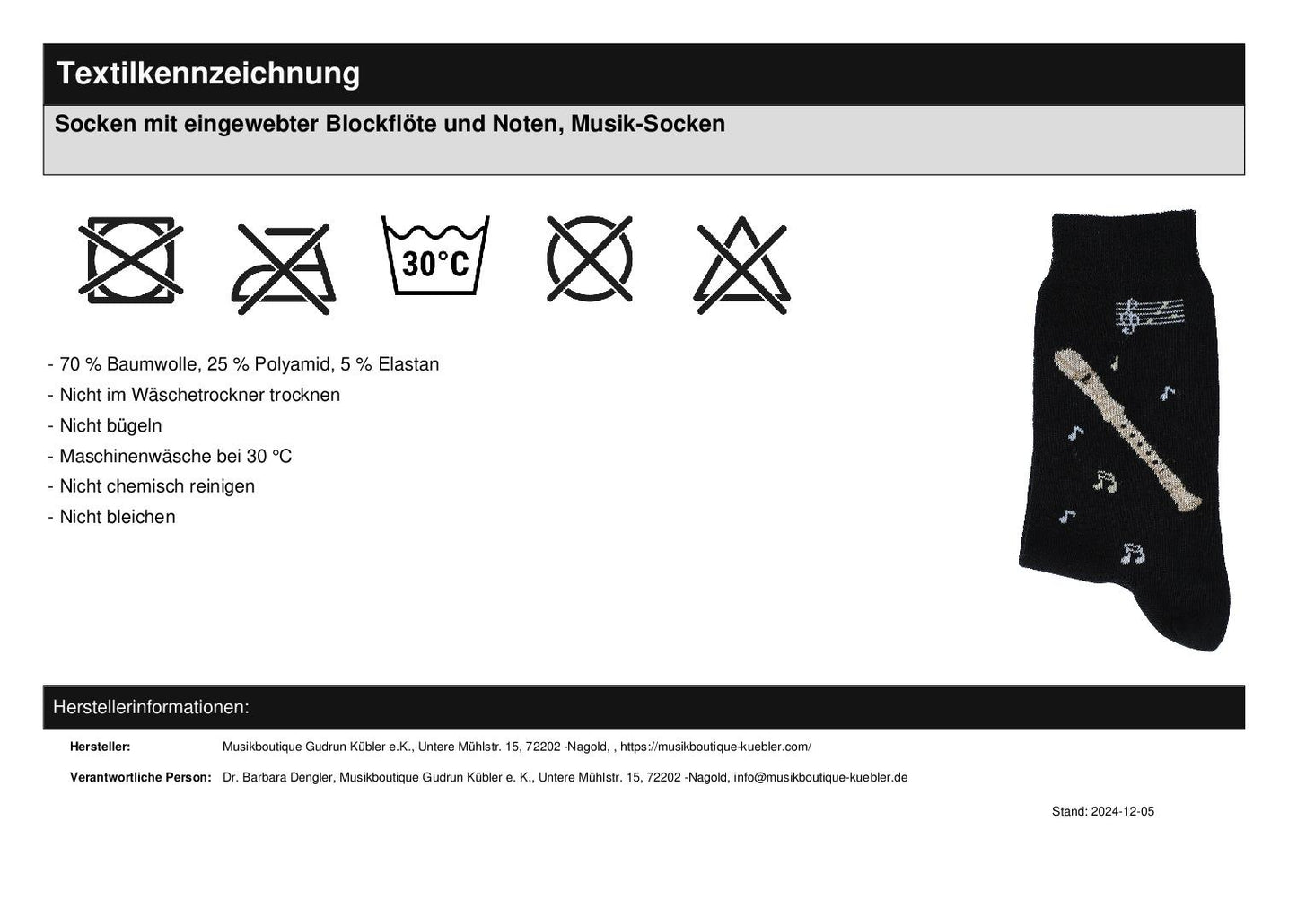 Socken mit eingewebter Blockflöte und Noten, Musik-Socken