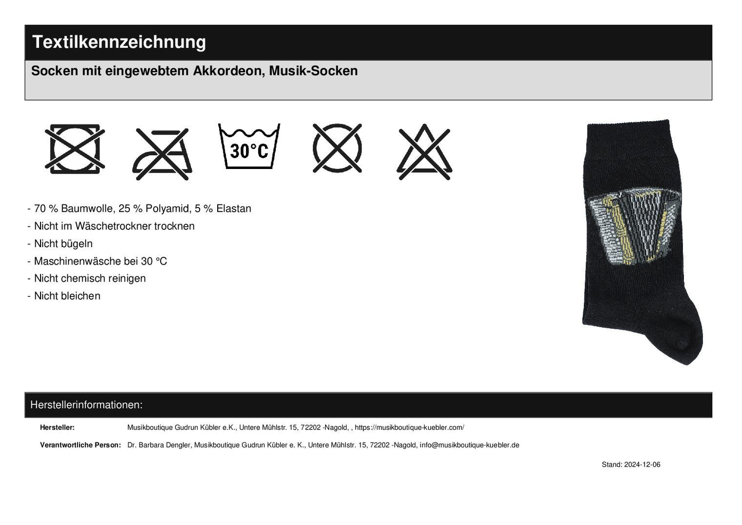 Socken mit eingewebtem Akkordeon, Musik-Socken