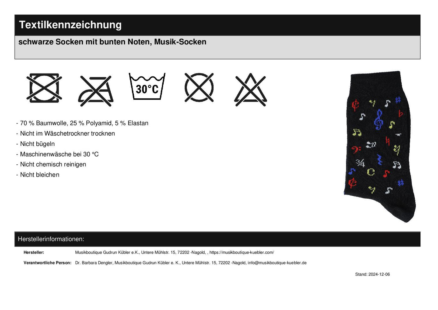 schwarze Socken mit bunten Noten, Musik-Socken