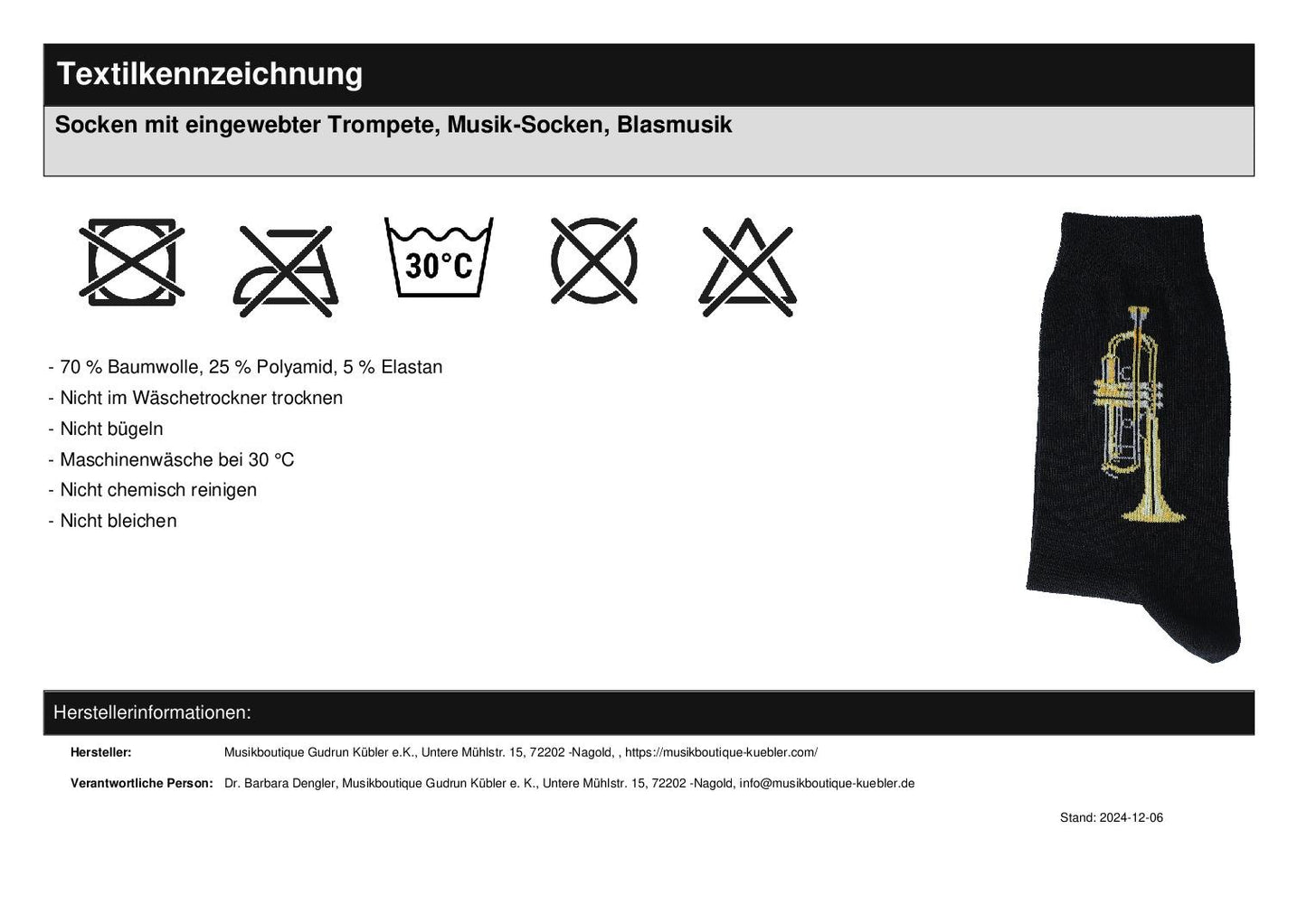 Socken mit eingewebter Trompete, Musik-Socken, Blasmusik