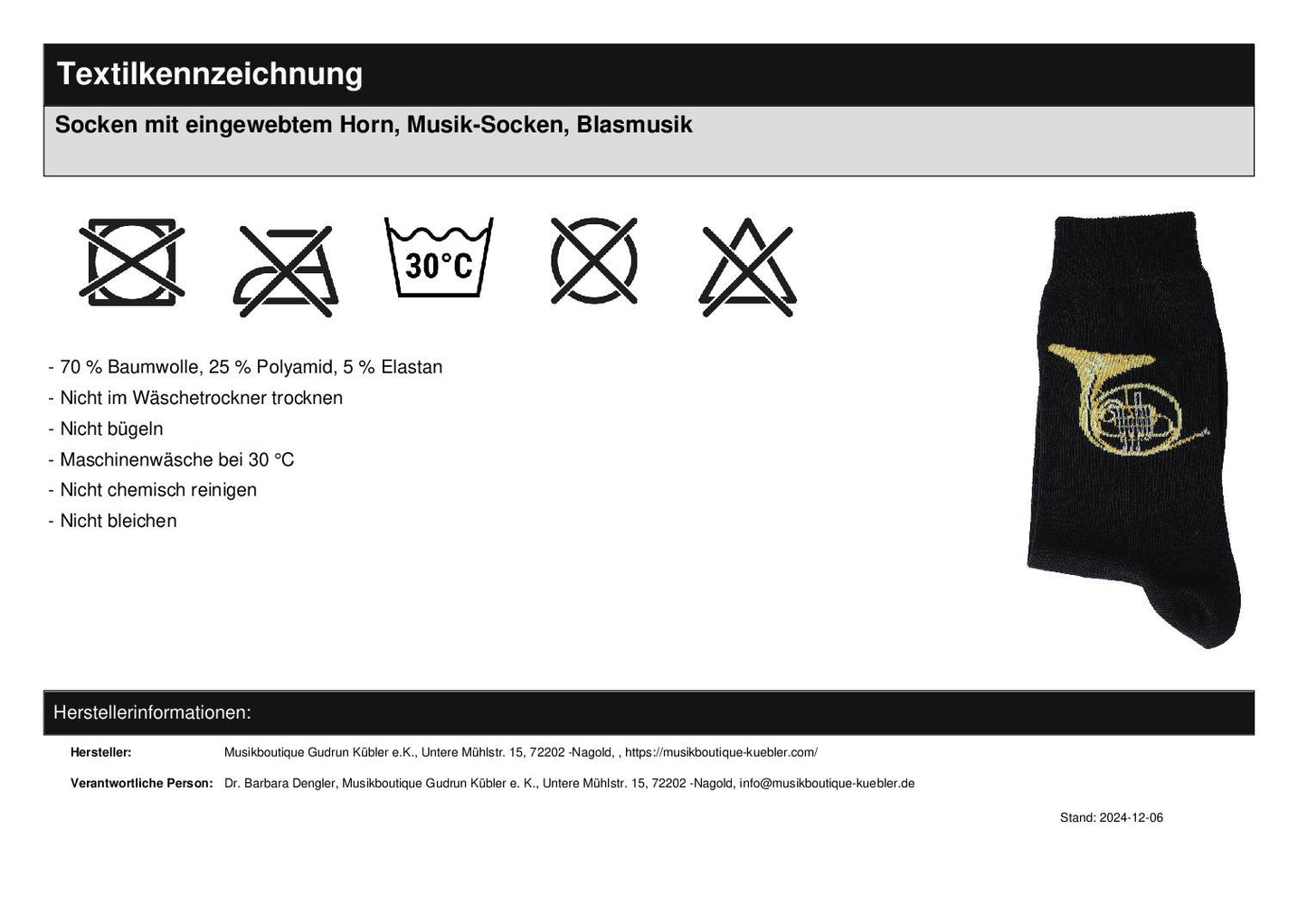 Socken mit eingewebtem Horn, Musik-Socken, Blasmusik