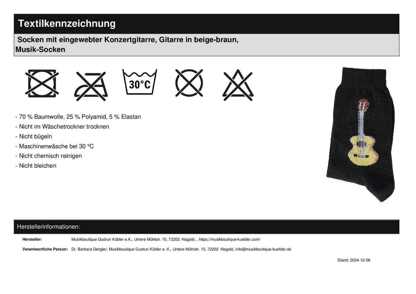 Socken mit eingewebter Konzertgitarre, Gitarre in beige-braun, Musik-Socken