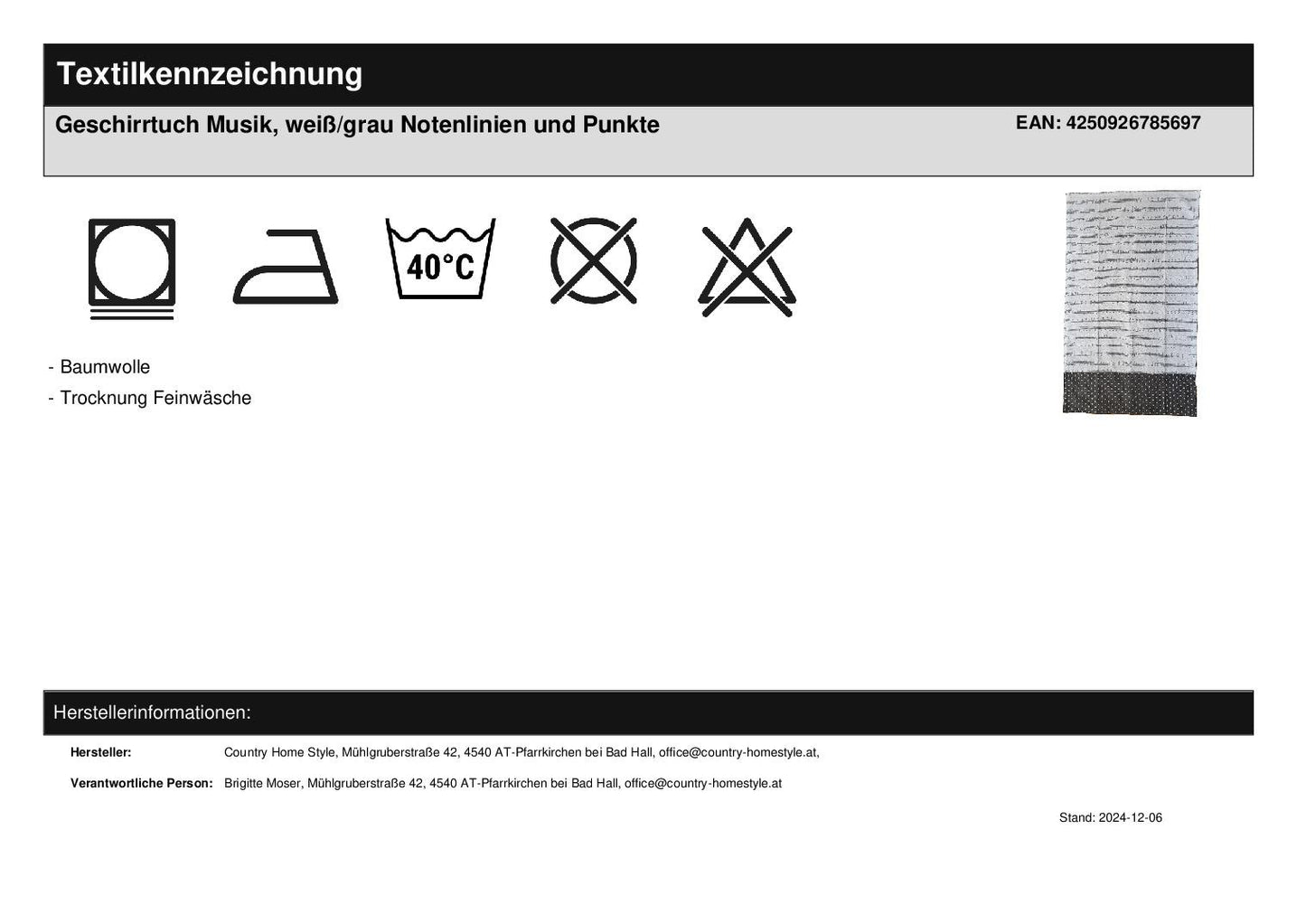 Geschirrtuch Musik, weiß/grau Notenlinien und Punkte