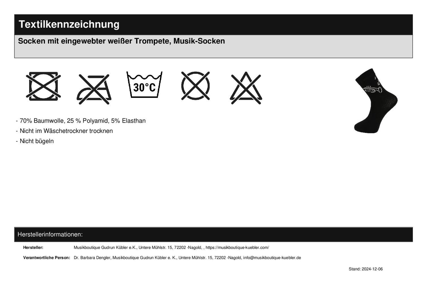 Socken mit eingewebter weißer Trompete, Musik-Socken