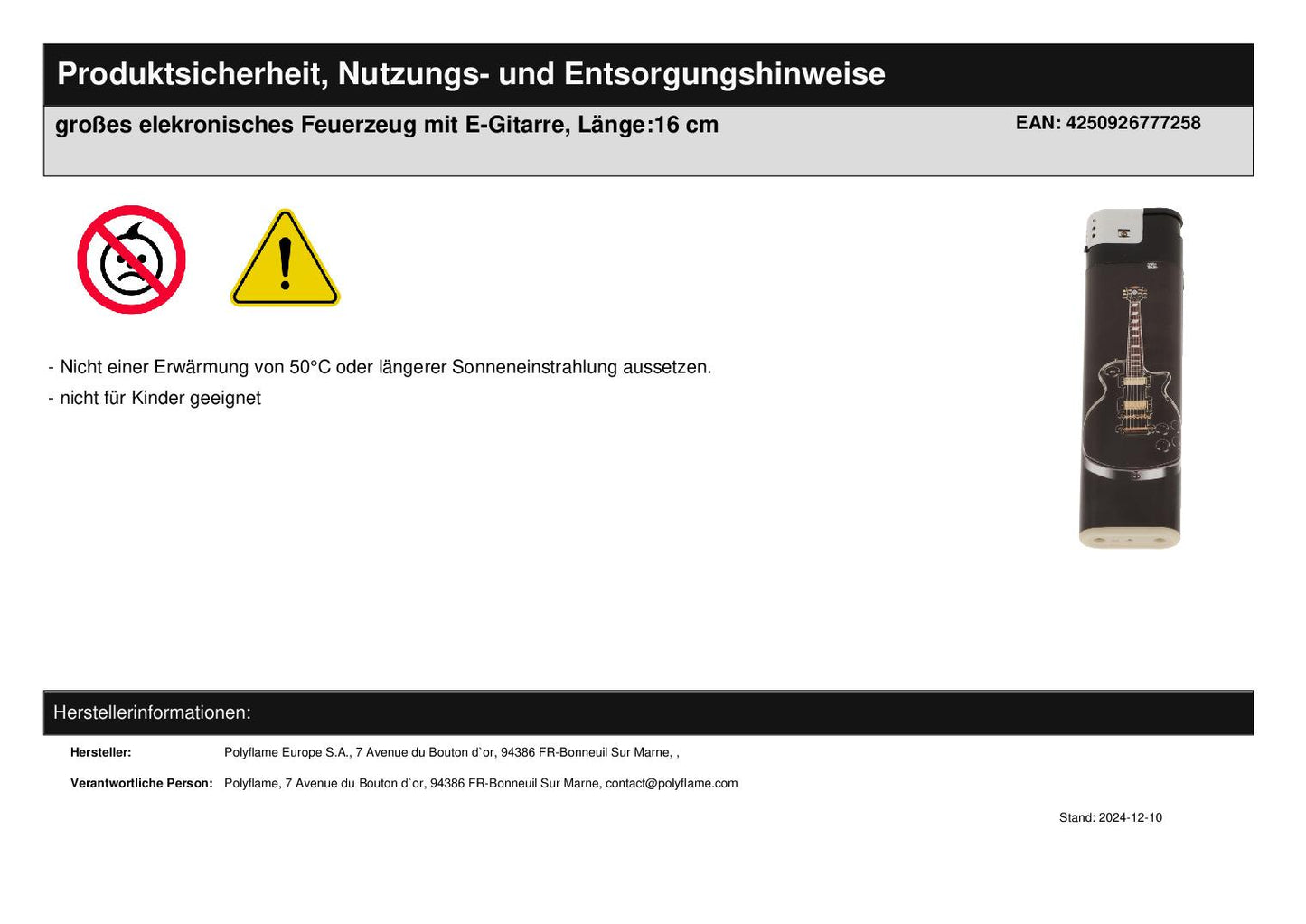 großes elekronisches Feuerzeug mit E-Gitarre, Länge:16 cm