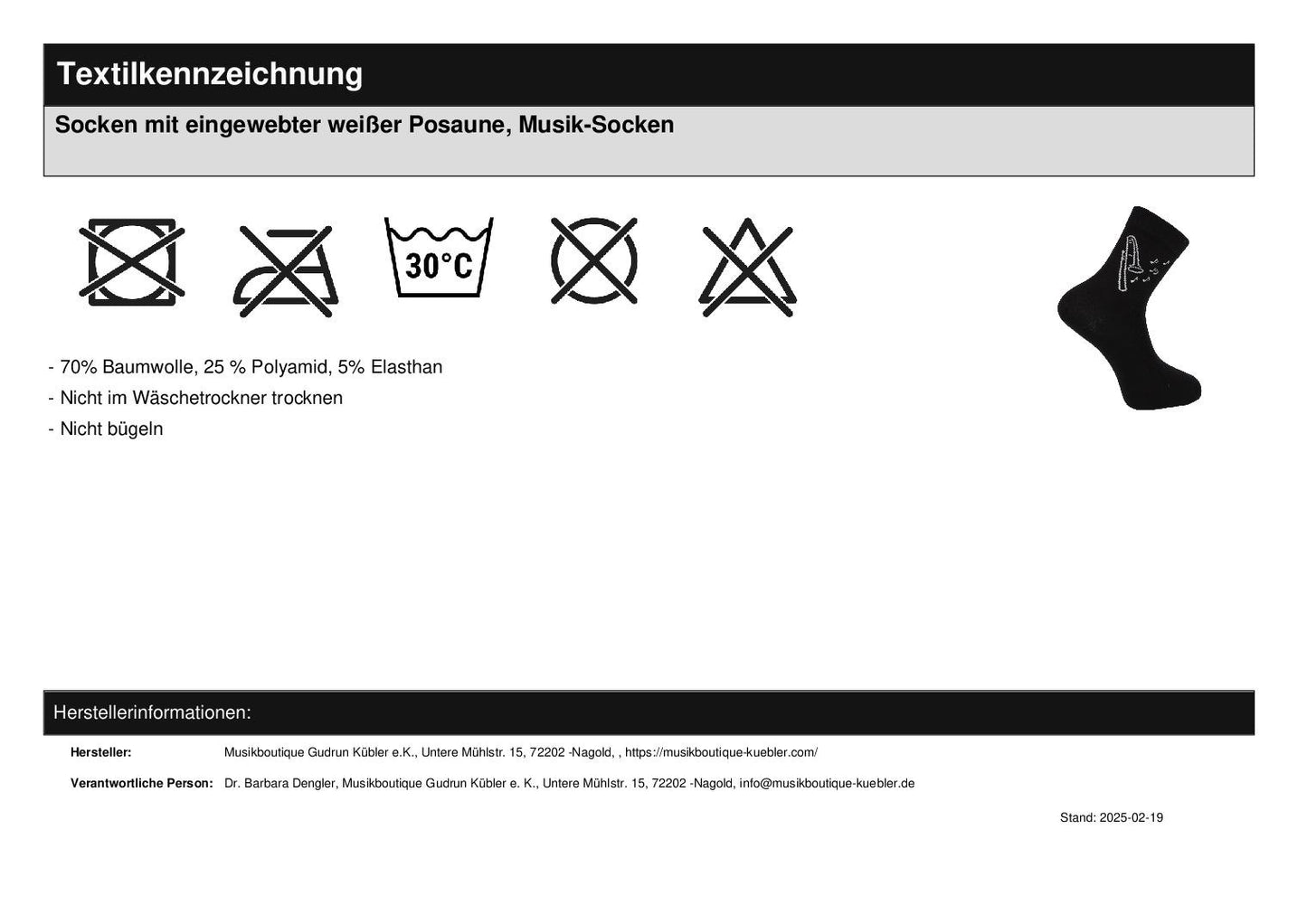 Socken mit eingewebter weißer Posaune, Musik-Socken