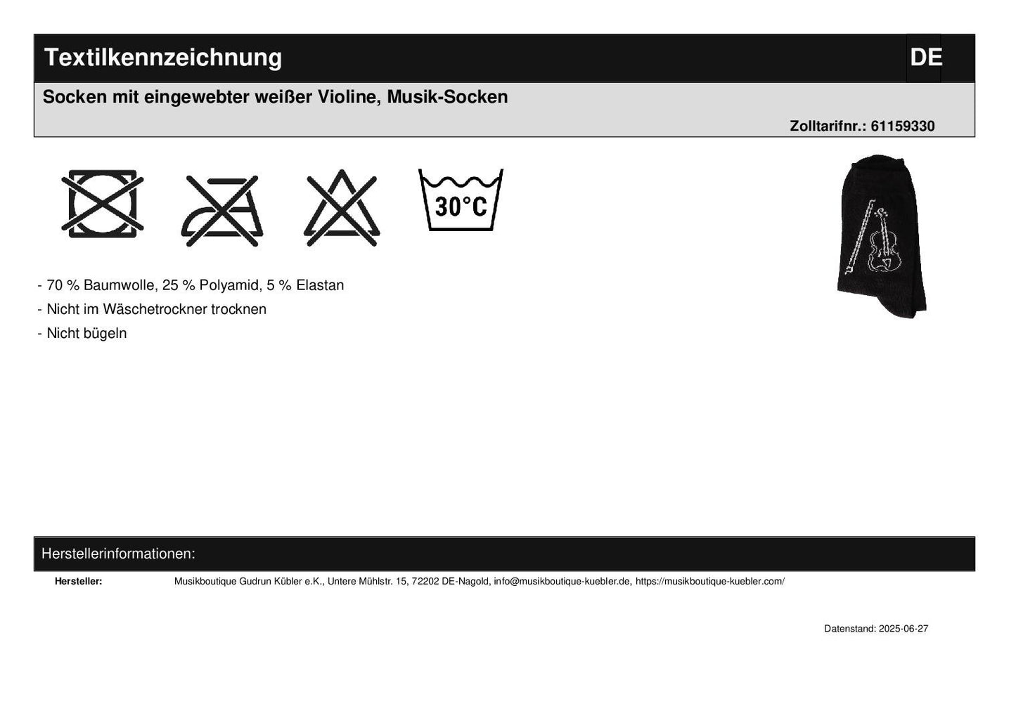 Socken mit eingewebter weißer Violine, Musik-Socken