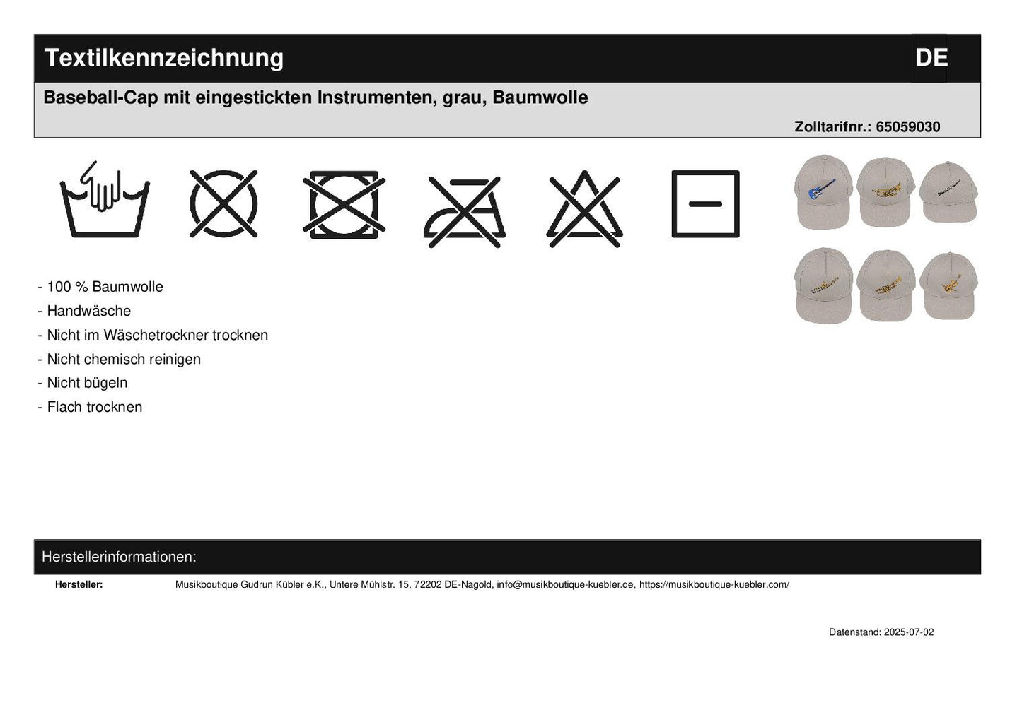 Baseball-Cap mit eingestickten Instrumenten, grau, Baumwolle