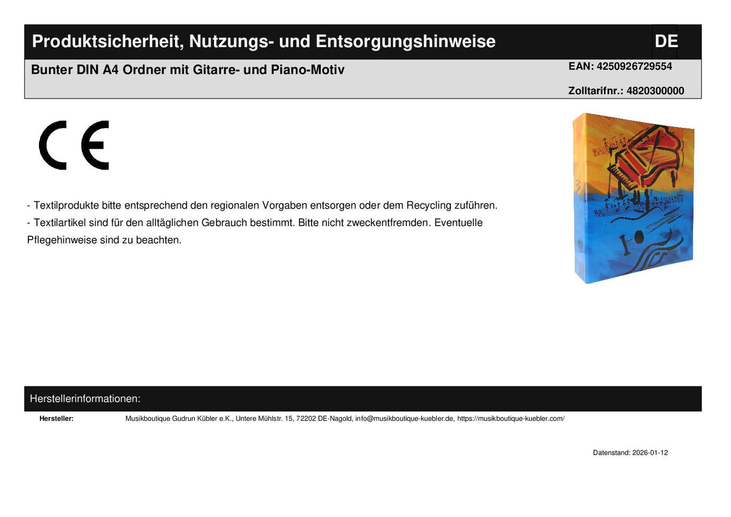 Colorful DIN A4 folder with guitar and piano motif