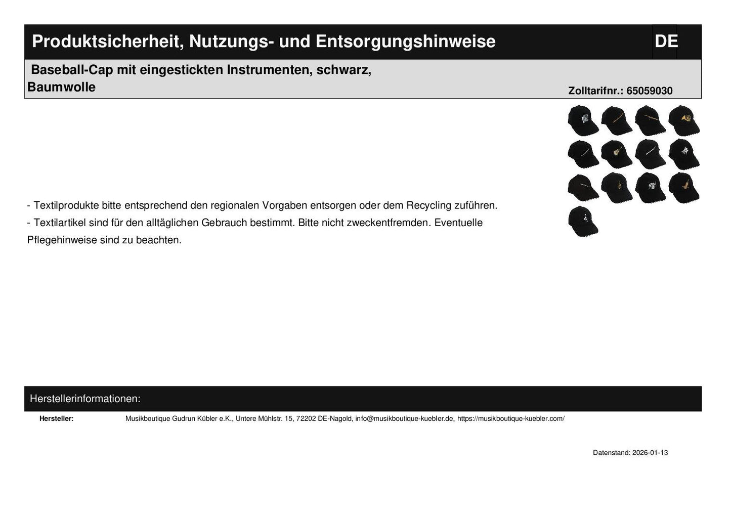 Baseball cap with embroidered instruments, black, cotton