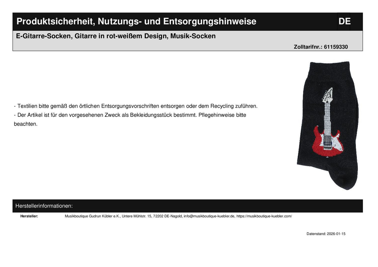 E-Gitarre-Socken, Gitarre in rot-weißem Design, Musik-Socken