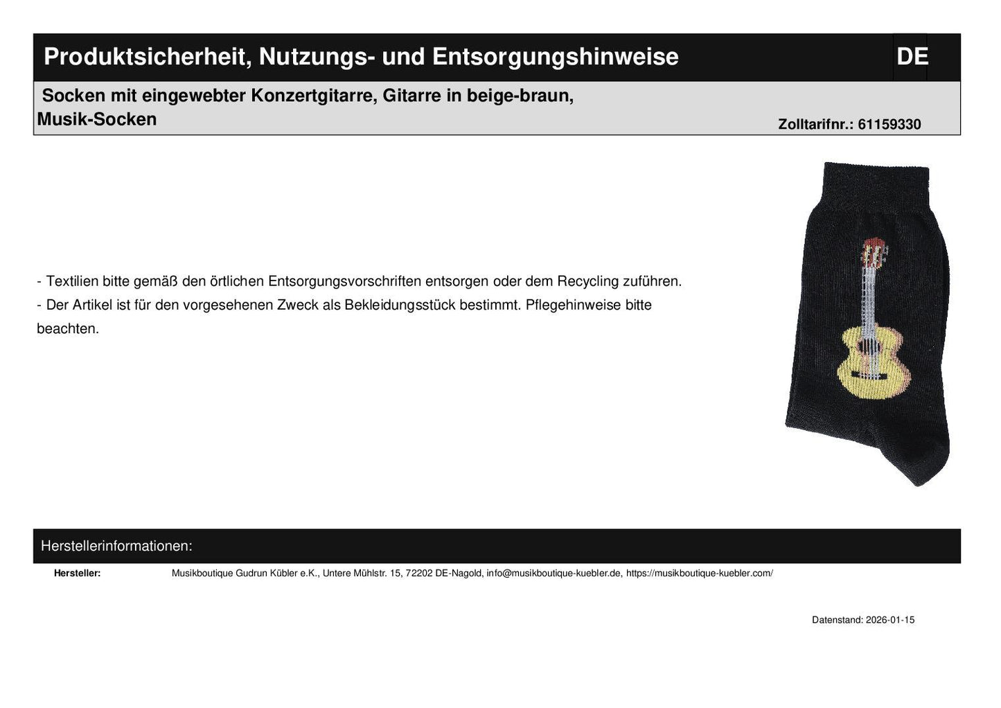 Socken mit eingewebter Konzertgitarre, Gitarre in beige-braun, Musik-Socken