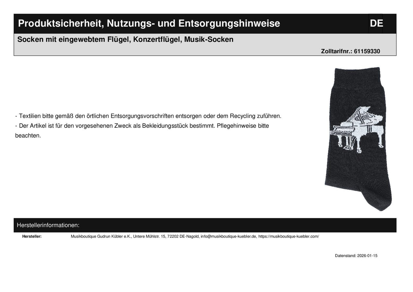 Socks with woven wings, concert grand piano, music socks