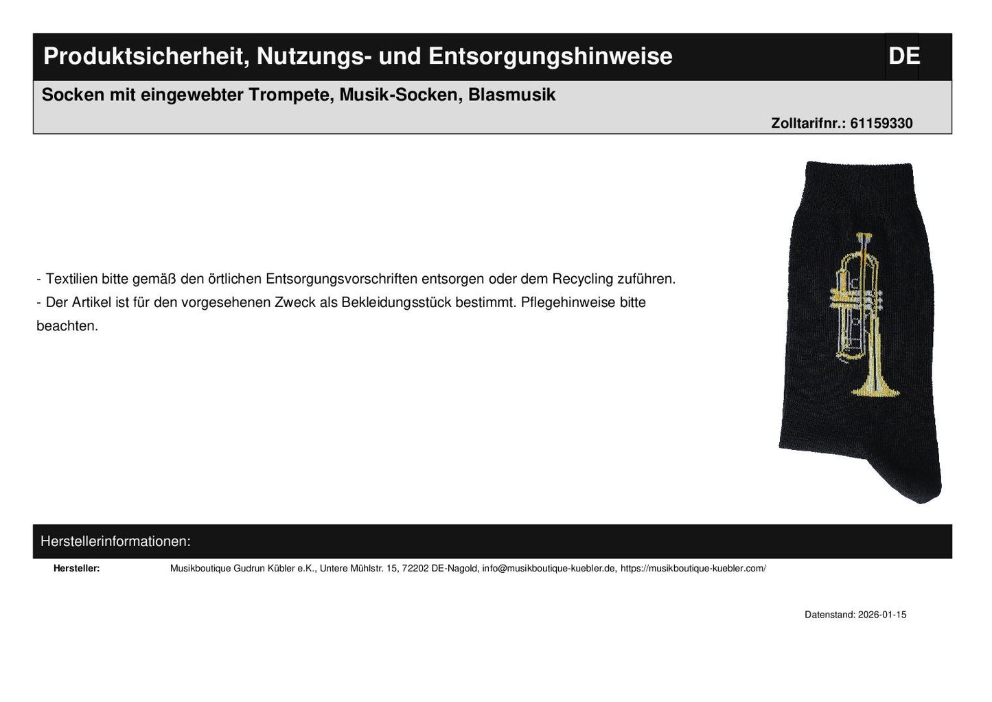 Socks with woven trumpet, music socks, brass music