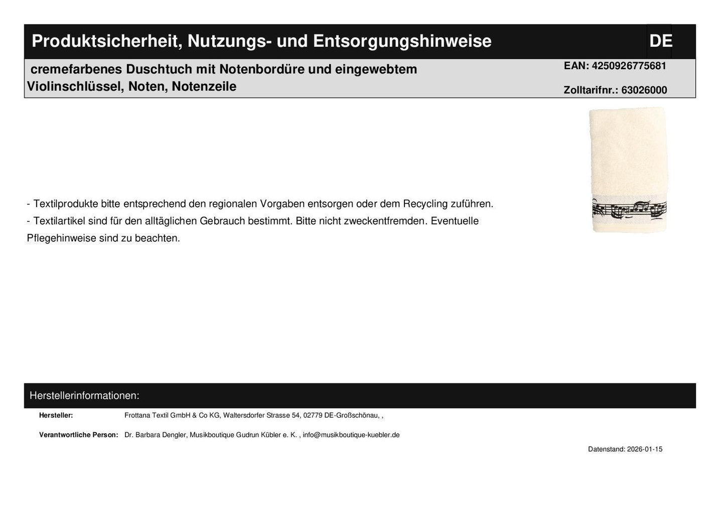cremefarbenes Duschtuch mit Notenbordüre und eingewebtem Violinschlüssel, Noten, Notenzeile