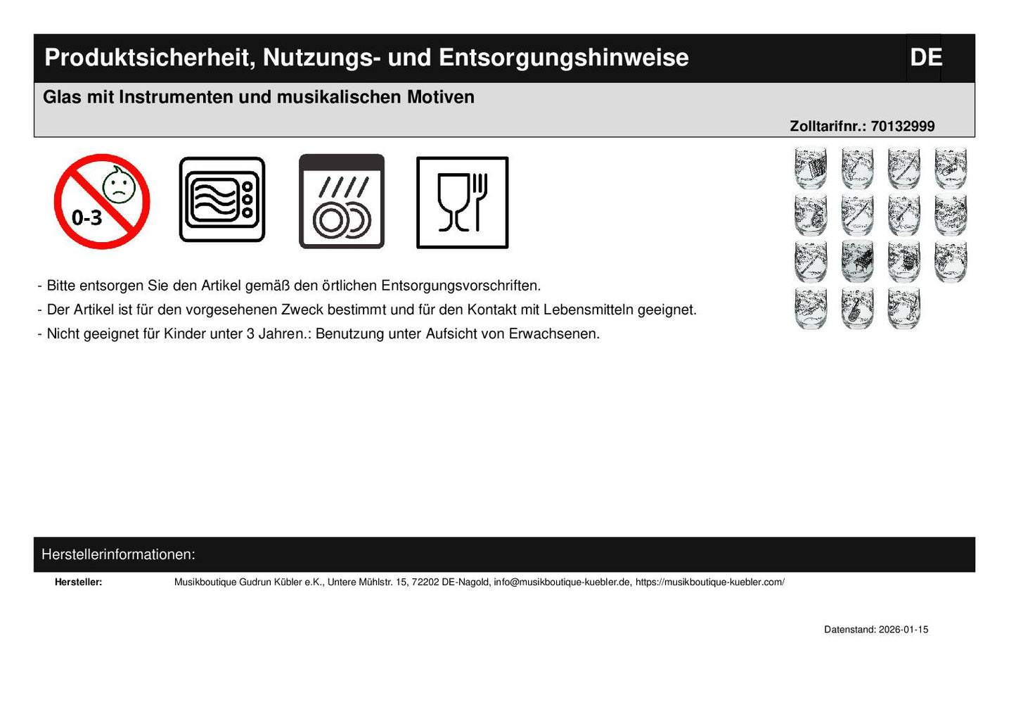 Glas mit Instrumenten und musikalischen Motiven