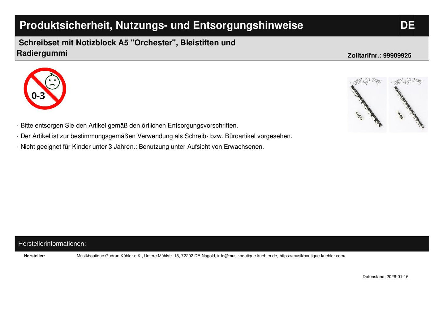 Schreibset mit Notizblock A5 "Orchester", Bleistiften und Radiergummi
