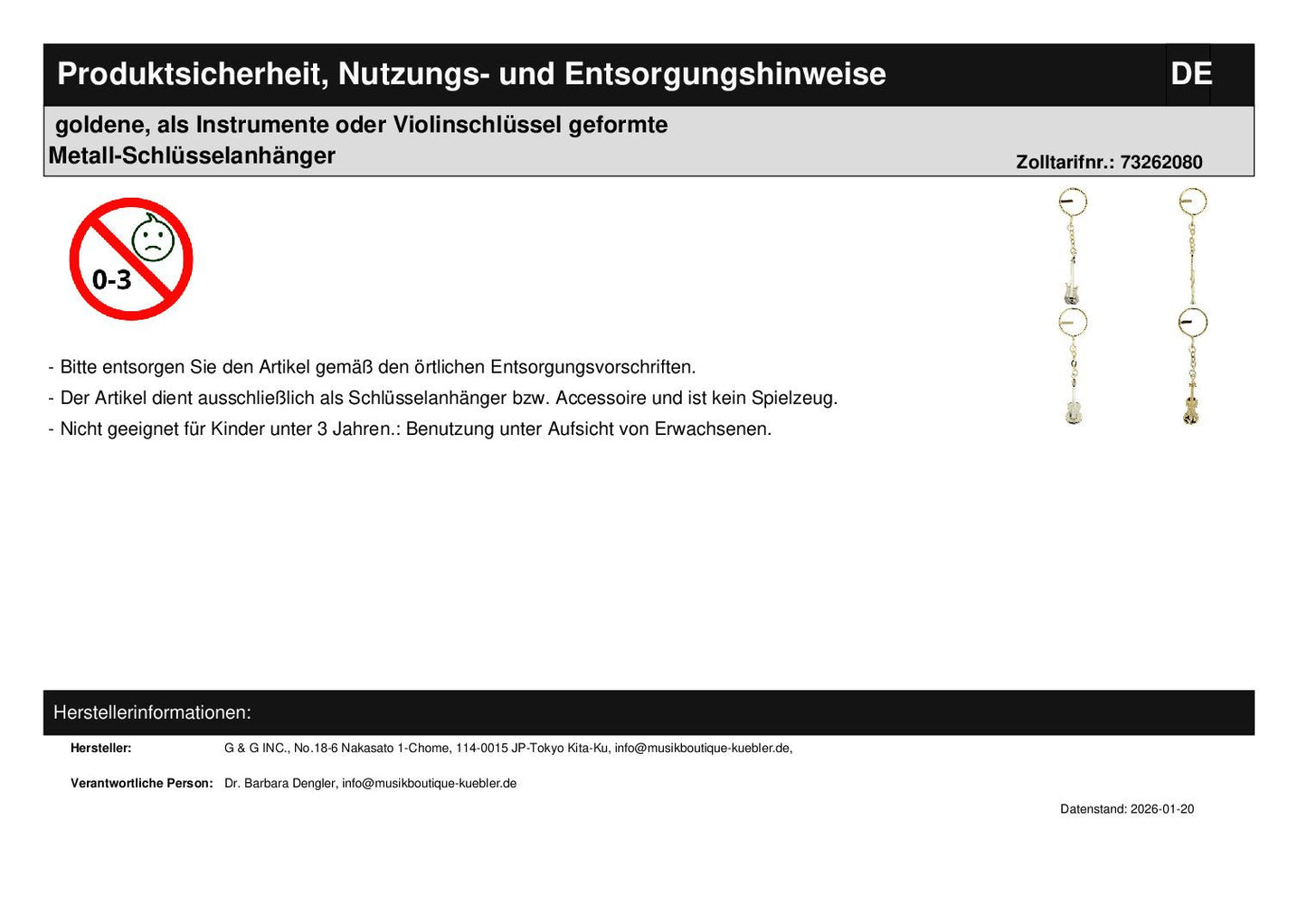 goldene, als Instrumente oder Violinschlüssel geformte Metall-Schlüsselanhänger