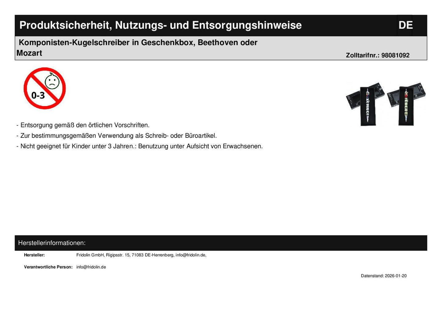 Composer ballpoint pen in gift box, Beethoven or Mozart