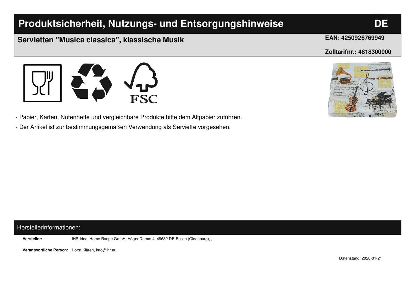 Napkins "Musica classica", classical music