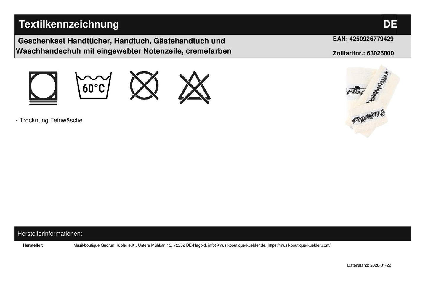 Geschenkset Handtücher, Handtuch, Gästehandtuch und Waschhandschuh mit eingewebter Notenzeile, cremefarben