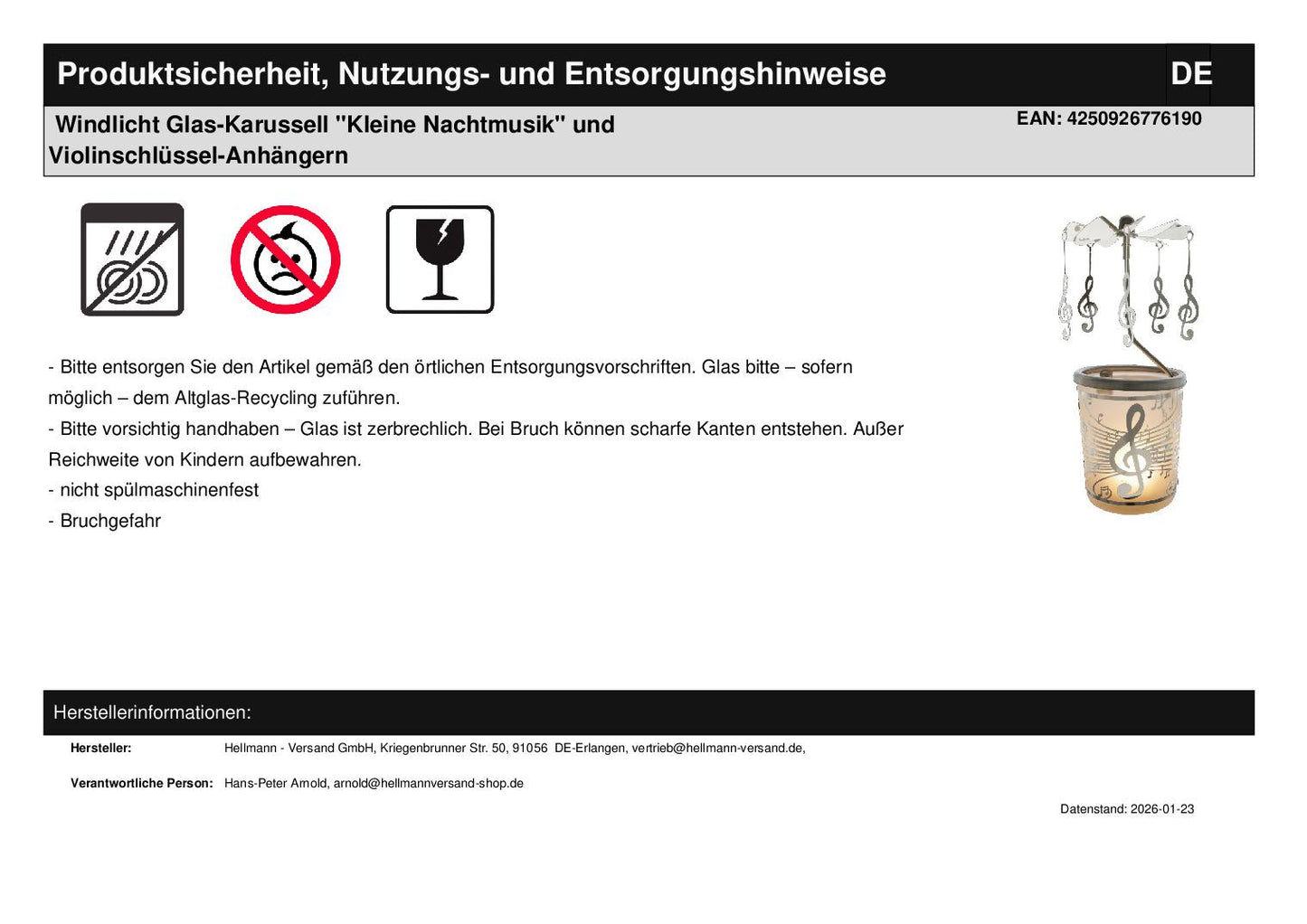 Lantern glass carousel "Eine kleine Nachtmusik" and treble clef pendants