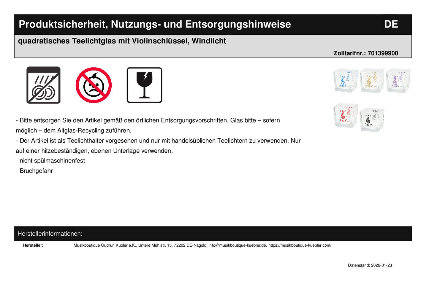 quadratisches Teelichtglas mit Violinschlüssel, Windlicht