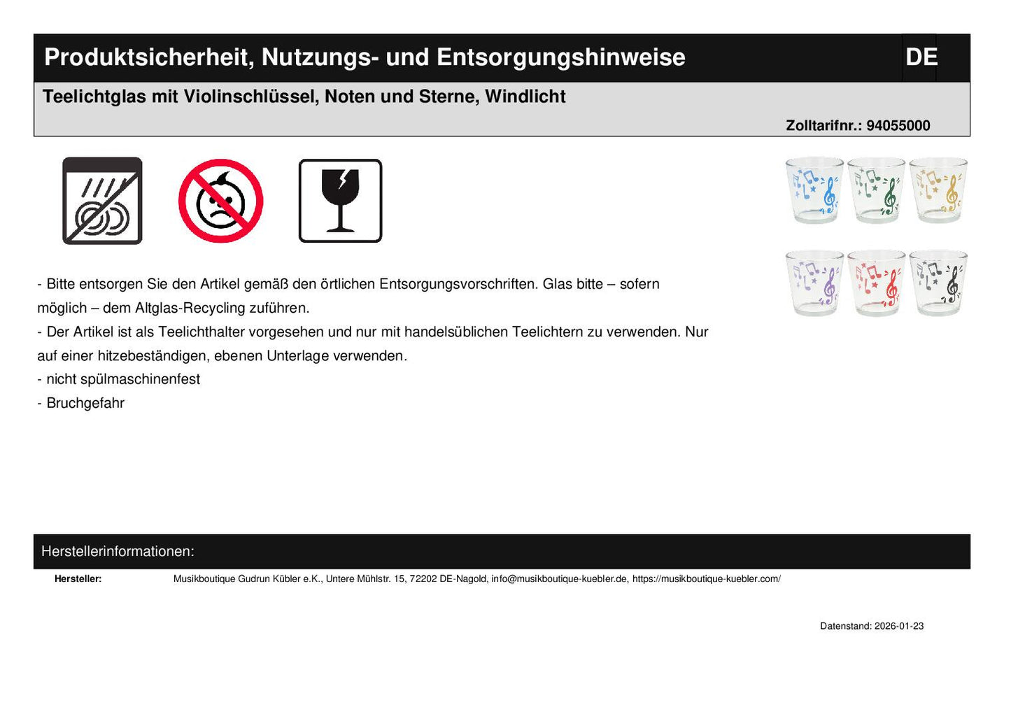 Teelichtglas mit Violinschlüssel, Noten und Sterne, Windlicht
